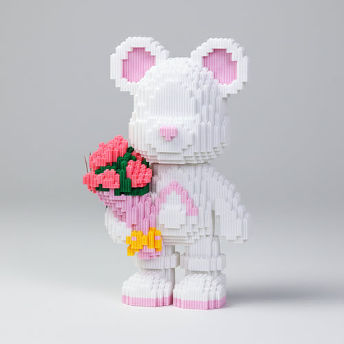 Witte beer met bos rozen | Bouwsteentjes