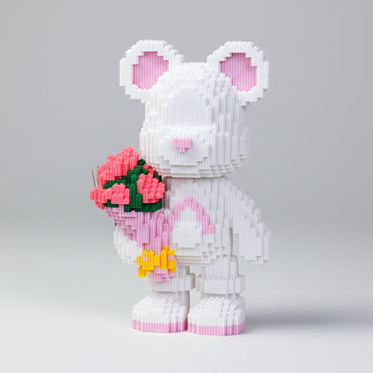 Witte beer met bos rozen | Bouwsteentjes