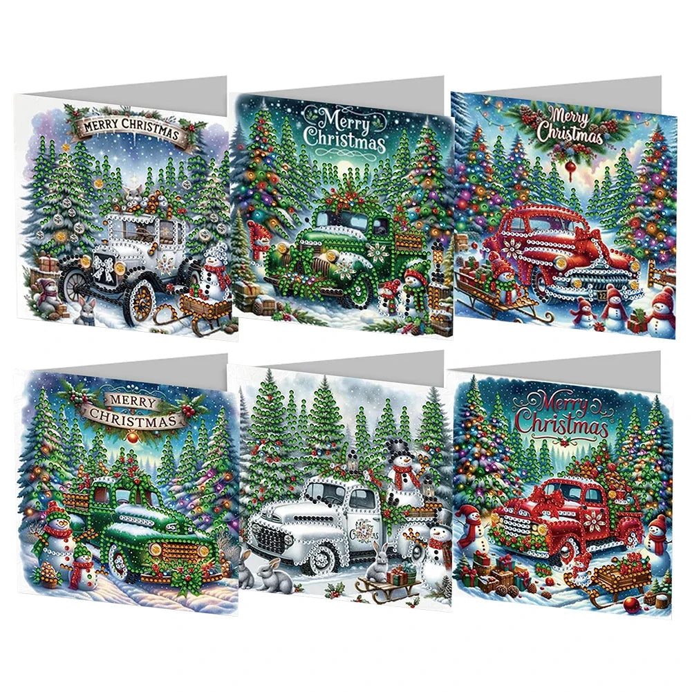 Kerstkaarten Set met Vintage Auto’s | 6 stuks | Diamond Painting