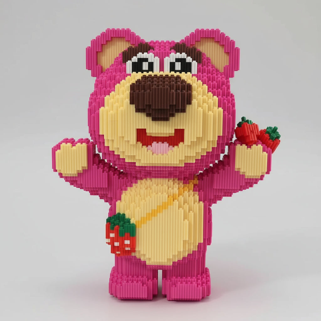 Roze beer met aardbei tas | Bouwsteentjes