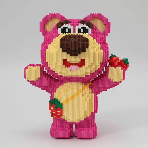 Roze beer met aardbei tas | Bouwsteentjes