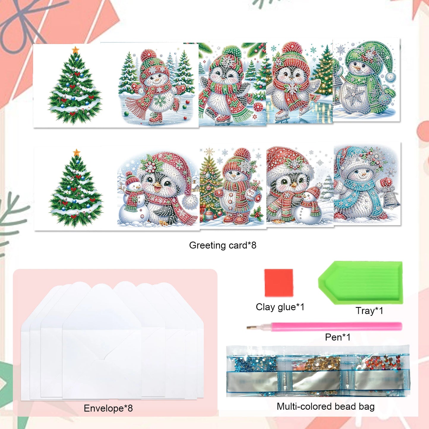 Pinguïns & Sneeuwpoppen Kerstkaarten | 8 stuks | Diamond Painting