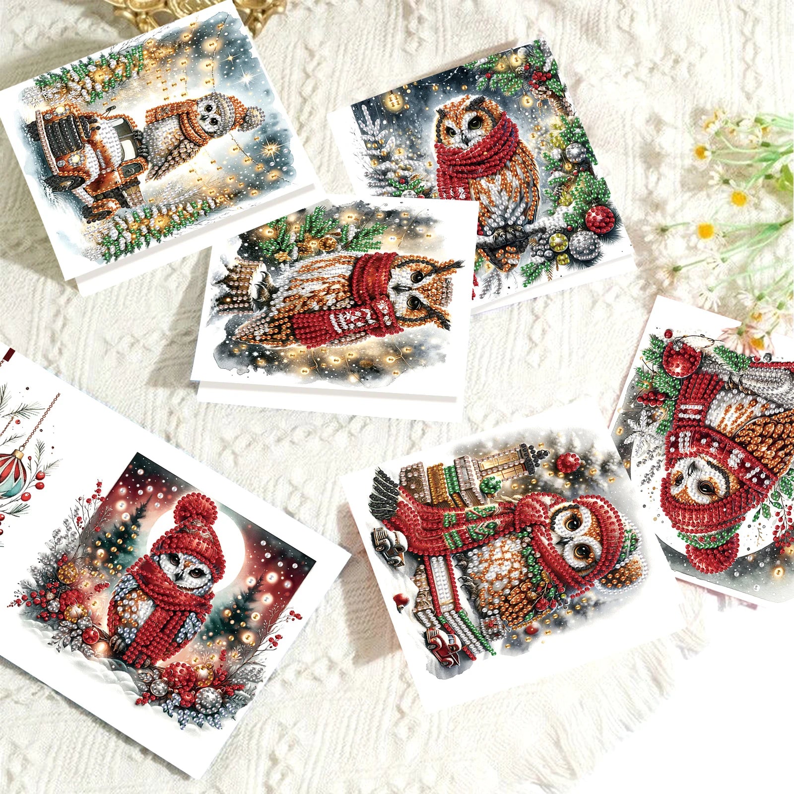 Kerst Uilen kerstkaarten  | 6 stuks | Diamond Painting