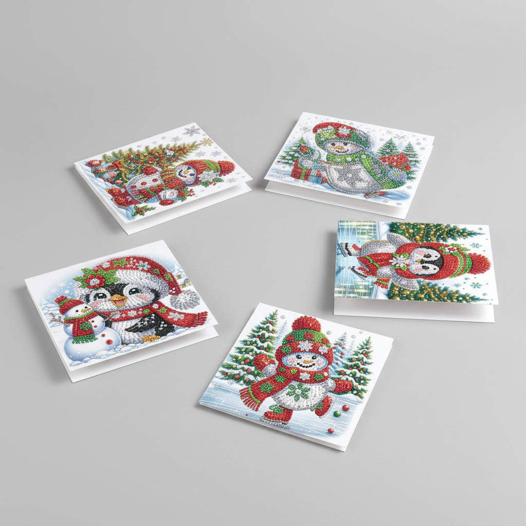 Pinguïns & Sneeuwpoppen Kerstkaarten | 8 stuks | Diamond Painting
