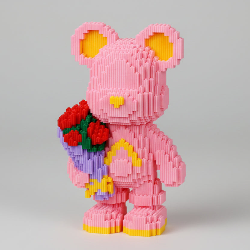 Roze beer met bos rozen | Bouwsteentjes
