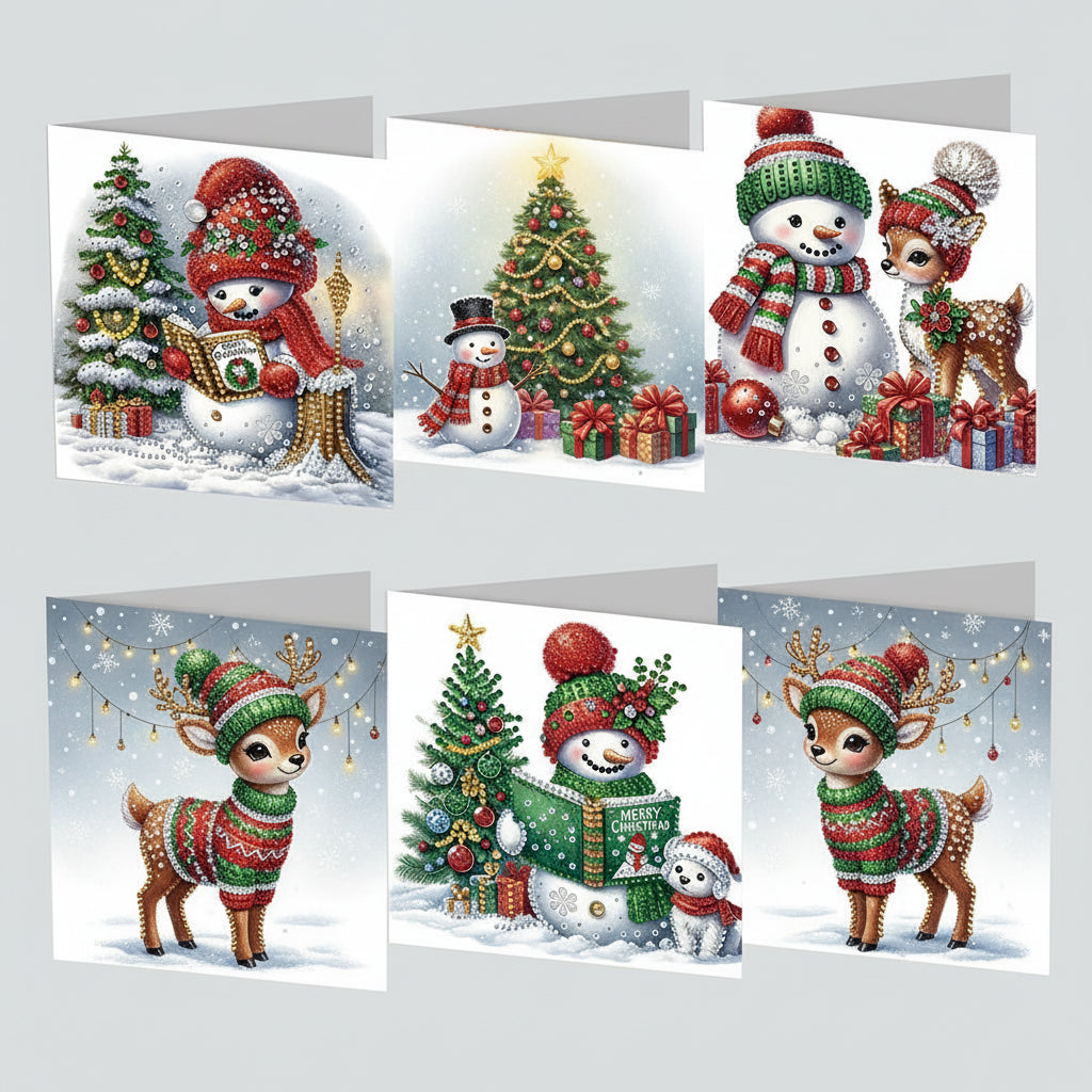 Rendieren & Sneeuwpret Kerstkaarten | 6 stuks | Diamond Painting