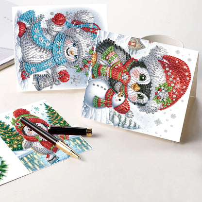 Pinguïns & Sneeuwpoppen Kerstkaarten | 8 stuks | Diamond Painting