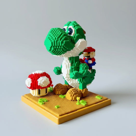 Groen Dinootje met rode loodgieter op bouwplaat | Bouwsteentjes