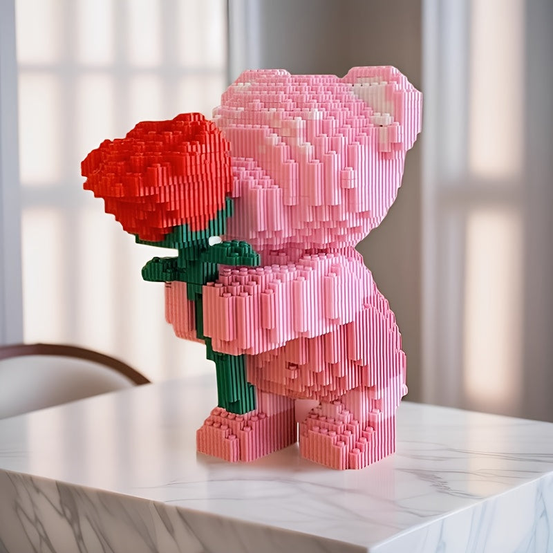 Roze beertje met roos | Bouwsteentjes