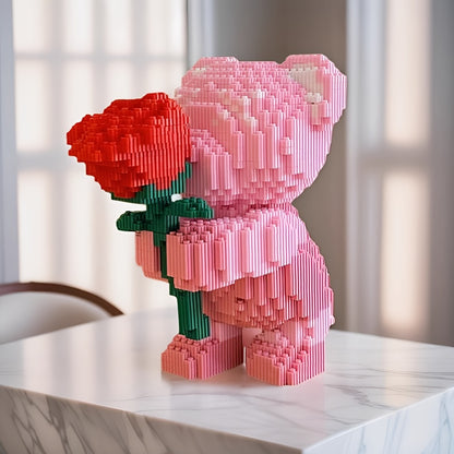 Roze beertje met roos | Bouwsteentjes