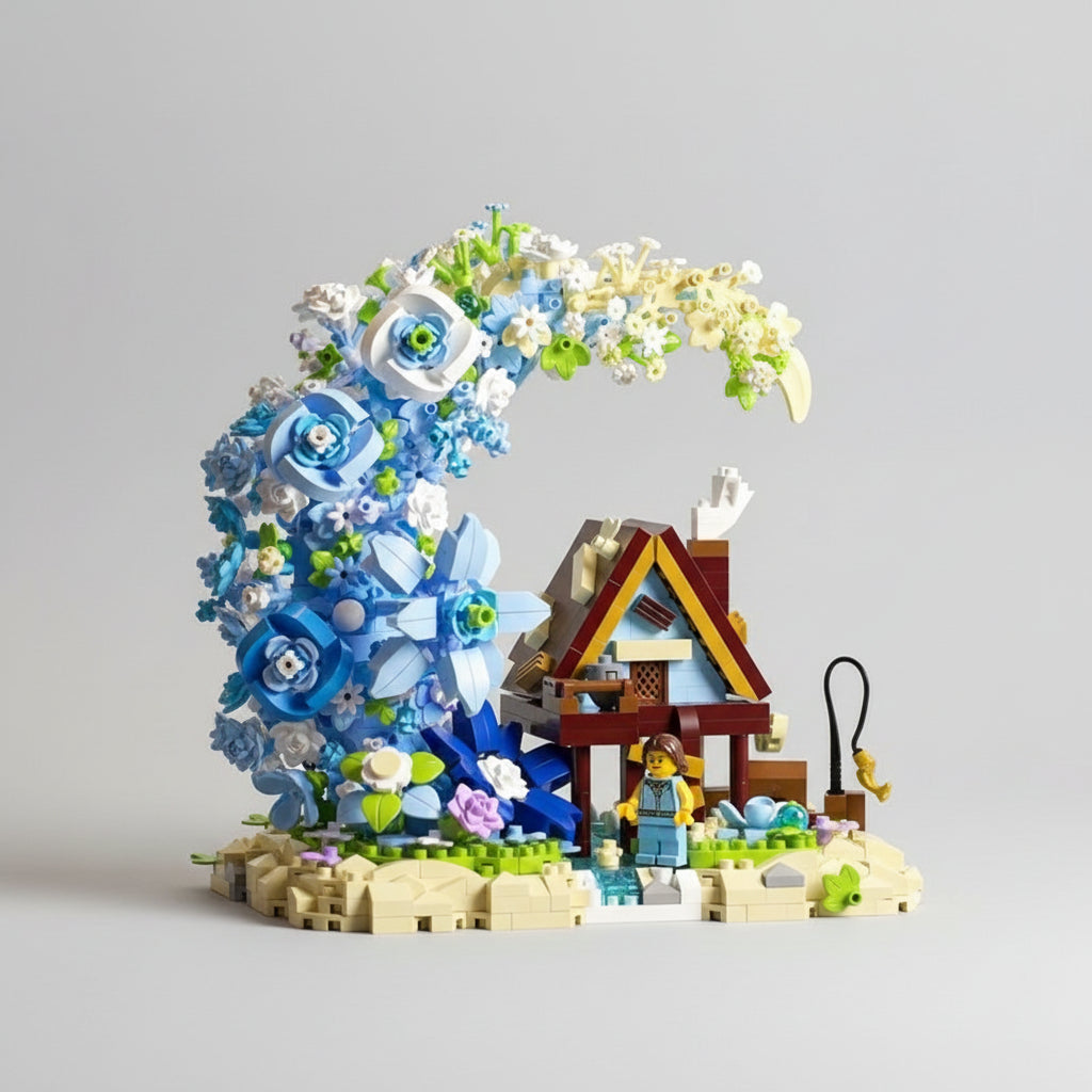 Bloemenmaan met hutje | Bouwsteentjes