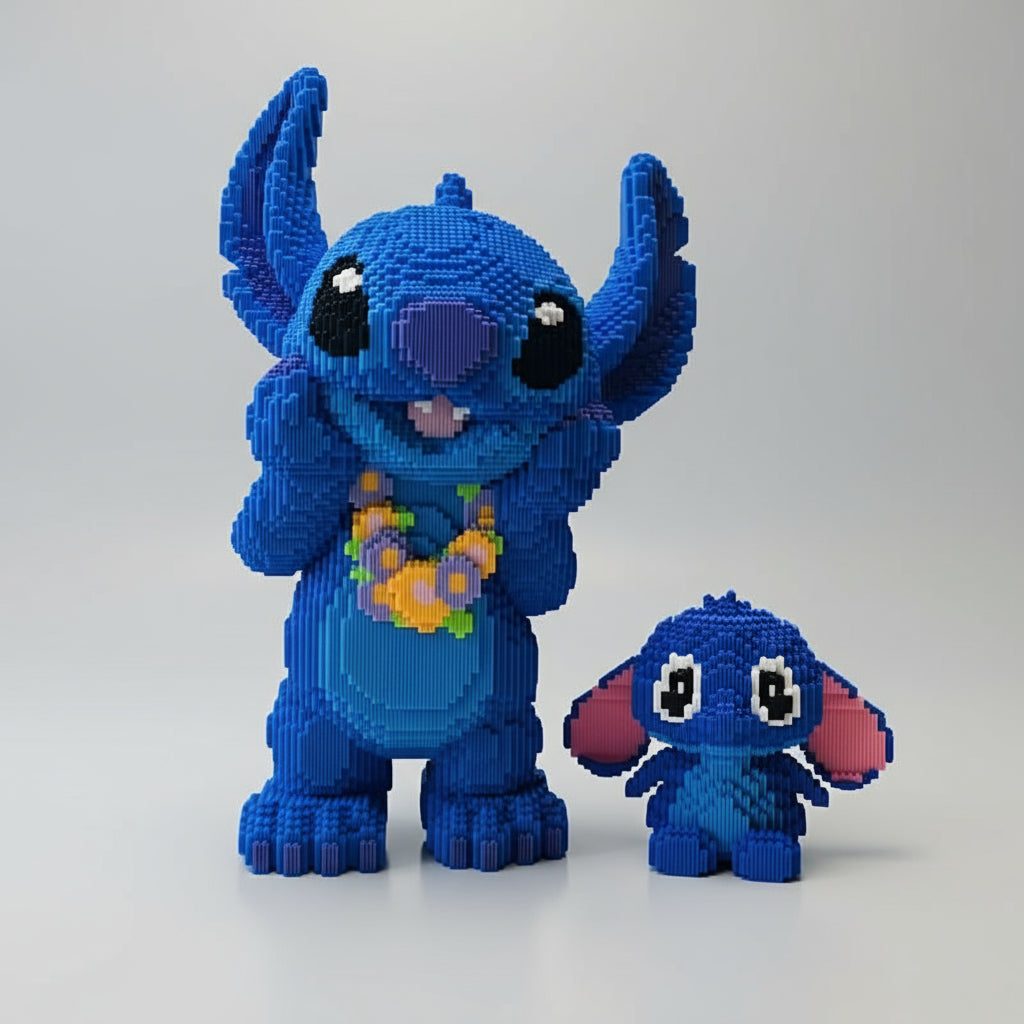 Mega blauw wezen met bloemenketting | Bouwsteentjes