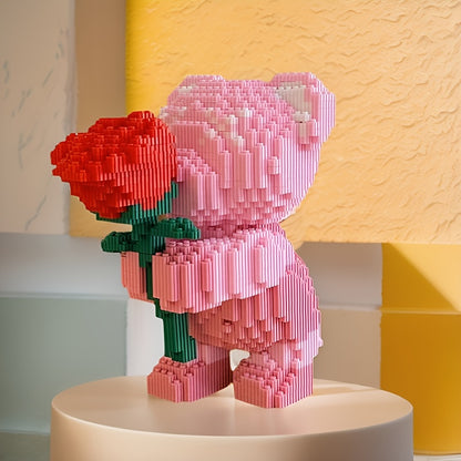 Roze beertje met roos | Bouwsteentjes