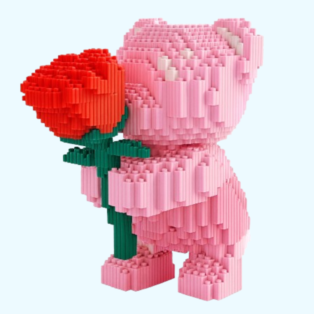 Roze beertje met roos | Bouwsteentjes